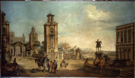 Straatscène in een stad, het grote plein met monumenten