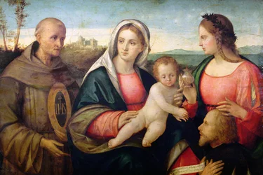 Sacra Conversazione: St. Bernardino en een vrouwelijke heilige presenteren een donor, ca. 1525 (olieverf op paneel)