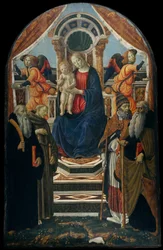 Madonna en Kind op de Troon met Heiligen en Engelen