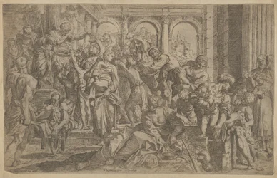 Sint Rochus links die aalmoezen uitdeelt aan een groep mensen om hem heen, na A..., ca. 1607