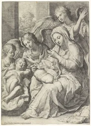 Maria en het slapende Christuskind omgeven door engelen