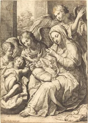 Maagd en engelen waken over de slapende baby Jezus