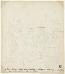 Aanbidding van het Christuskind, met Heiligen Jozef, Franciscus van Assisi en Augustinus, bijgewoond door Anton Galeazzo Bentivoglio en Alessandro Bentivoglio