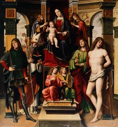 Madonna met Kind, engelen en heiligen, door Francesco Francia (1450-1517), Kerk van San Giacomo Maggiore, Bologna, Italië