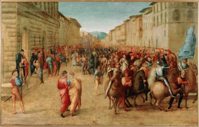Inkomst van koning Karel VIII van Frankrijk in de stad Florence (olieverf op hout)