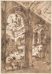 Architecturaal capriccio: binnenplaats van een paleis