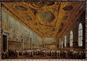 De Doge van Venetië bedankt de Grote Raad. De scène vindt plaats in het Dogepaleis op het San Marco-plein in Venetië. Schilderij door Francesco Guardi