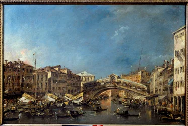 De Rialtobrug in Venetië in de 18e eeuw. Schilderij van Francesco Guardi (1712-1793). 18e eeuw. Zon. 0,62 x 0,93 m. Toulouse, Musée des Augustins