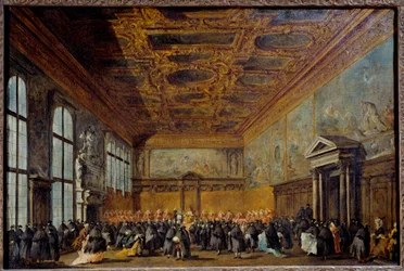 Het publiek ontvangen door de Doge van Venetië in de Collegezaal van het Dogenpaleis van Venetië