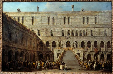 De kroning van de Doge van Venetië op de trap van de Reuzen in het Dogepaleis