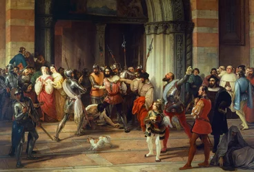 Ventura Fenaroli gearresteerd in de Carmine Kerk in Brescia door de Fransen, door Francesco Hayez