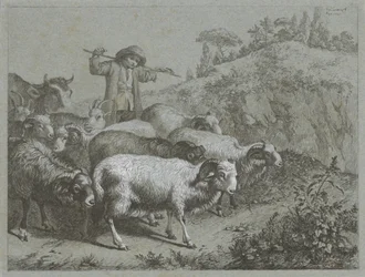Herder met rammen, geiten en koe