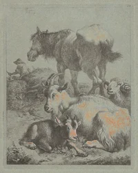 Paard, Ram, Geit met Jong; In de verte een Herder met Kudde