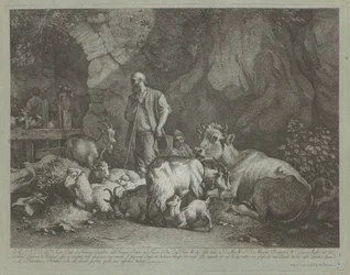 Oude, kale herder, zittende herdersjongen en kudde