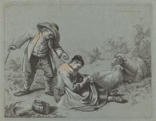 Boer plaagt een slapend meisje met een takje