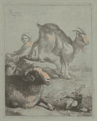 Zittende Herderin, een Ram, een Schaap en een Geit