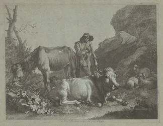 Herder rustend op een wandelstok met een oud paard en een liggende stier, na 1767