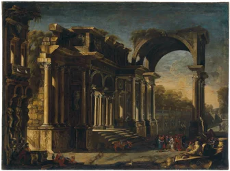 Capriccio met Romeinse ruïnes en Christus met de overspelige vrouw