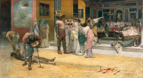 Gladiatorengevecht tijdens een diner in Pompeii