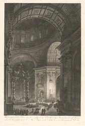 Interieur van de Sint-Pietersbasiliek, met de verlichting van het kruis van Sint-Petrus