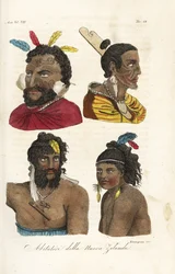 Portretten van Maori krijgers, Nieuw-Zeeland Mannen en jongens met gezichtstatoeages en veren in hun haar