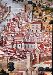 Pianta della Catena: detail van een kaart van de stad Florence, „Catena” genoemd wegens de kettingvormige omlijsting van de kaart. Vervaardigd door Francesco di Lorenzo Rosselli (1448-1513) in 1490. Florence, Museo Firenze com