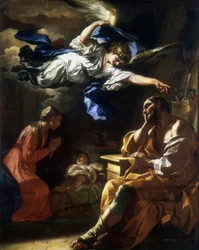 "De droom van Jozef" of "Jozef en de engel" of "De droom van de heilige Jozef". Schilderij van Francesco Solimena (1657-1747) 1696-1697 Parijs, musee du Louvre