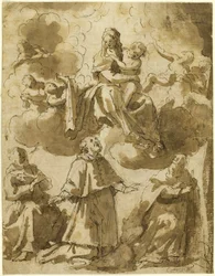 Madonna met Kind in Glorie, met daaronder drie mannelijke heiligen