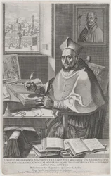 Kardinaal Roberto Bellarmino aan zijn bureau, schrijvend, 1604