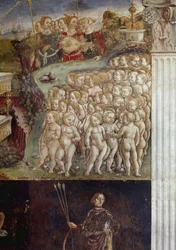 Allegorie van de maand mei, detail van de triomf van Apollo, naakte kinderen en negen muzen detail fresco door Francesco del Cossa, Ferrara, Palazzo Schifanoia, Salone dei Mesi