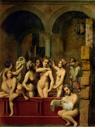 De brief van Uria, Bathseba en haar dienstmeisjes in bad (schilderij op populierenhout)