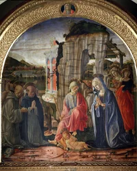 Geboorte met Sint Bernardus en Sint Thomas van Aquino