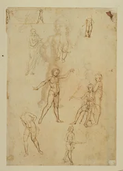 Figuurstudies. Pen en bruine inkt, metalen punt Roze gekleurd papier ...
