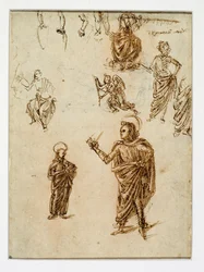 Schetsen van figuren;heiligen;een engel;een arm;benen ...