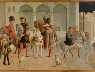 Cavaliers in de rechtszaal van Gualtieri di Saluzzo (tempera op hout)