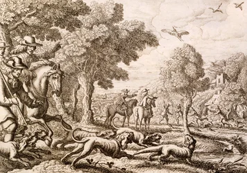 Otterjacht bij een rivier, gegraveerd door Wenceslaus Hollar, 1671