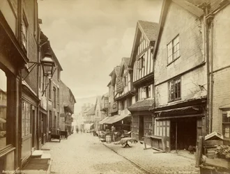 Butcher Row, middeleeuwse straat in Coventry, Warwickshire, ca. 1880
