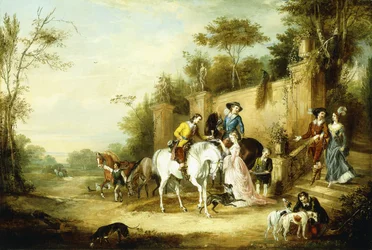 Een valkenjachtpartij vertrekt vanaf de trappen van een landhuis, 1828