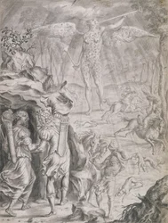 Dido en Aeneas schuilen in een grot