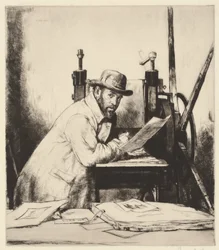 Portret van Muirhead Bone leunend op een etspers