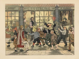 Vuurwerkwinkel - Victoriaanse kinderen trekken een Guy in een kar op Guy Fawkes-avond voor de vuurwerkwinkel van L. Squibling. Chromolithografie naar een illustratie van Francis Donkin Bedford uit The Book of Shops van Edward Verrall Lucas.