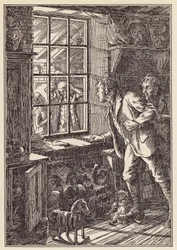 Illustratie voor De krekel op het haardvuur van Charles Dickens (kleurenlitho)