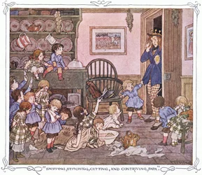 "Knippen, naaien, knippen en bedenken, Papa", uit The Magic Fishbone pub.by Warne  Co, c.1940 (kleurenlitho)
