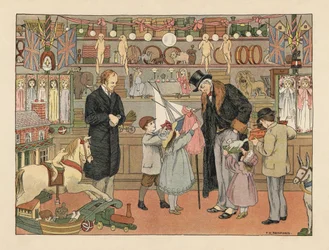 Victoriaanse kinderen kiezen speelgoed met hun oom in een speelgoedwinkel. Chromolithografie naar een illustratie van Francis Donkin Bedford uit The Book of Shops van Edward Verrall Lucas.
