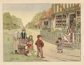Victoriaanse kinderen buiten de dorpsbakkerij B. Crusty. Chromolithografie naar een illustratie van Francis Donkin Bedford uit The Book of Shops van Edward Verrall Lucas.