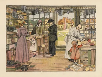 Victoriaanse klanten kopen ham, boeken en postwissels in de dorpswinkel. Chromolithografie naar een illustratie van Francis Donkin Bedford uit The Book of Shops van Edward Verrall Lucas.