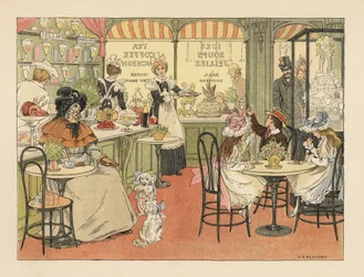 Victoriaanse klanten in een theewinkel en banketbakkers. Chromolithografie naar een illustratie van Francis Donkin Bedford uit The Book of Shops van Edward Verrall Lucas.