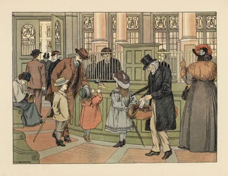 Victoriaanse familie bij een bank die geld opneemt bij een kassier met bankbiljetten. Chromolithografie naar een illustratie van Francis Donkin Bedford uit The Book of Shops van Edward Verrall Lucas.