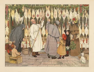 Victoriaanse familie kiest een kalkoen voor Kerstmis bij de poelier. Slager in kiel met haak verwijdert een vogel. Chromolithografie naar een illustratie van Francis Donkin Bedford uit The Book of Shops van Edward Verrall Lucas.