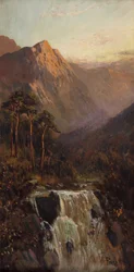 Waterval en berg, Bodhyfryd (olieverf op board)
